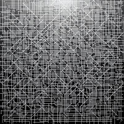 The primary subject of the image is a black and white pattern, which appears to be a digital art or illustration. The setting is a black background, and the visual style is a complex and intricate design. The colors and mood of the image are predominantly dark and moody, with the black and white pattern creating a sense of depth and complexity.